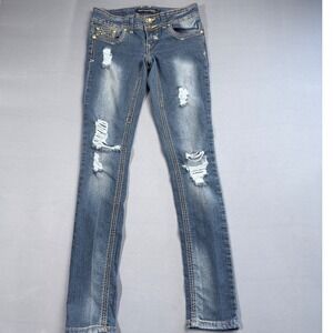 Twentyone Black Distressed Jeans Juniors Size 1/28 Gold Accents‎